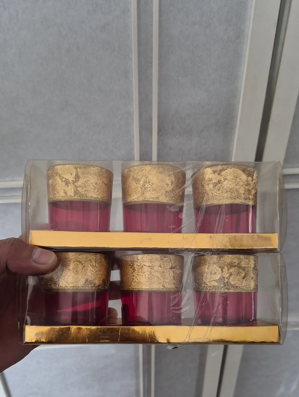 Home Accents Red Glass Tea Light Holders with Gold Trim - Set of 6